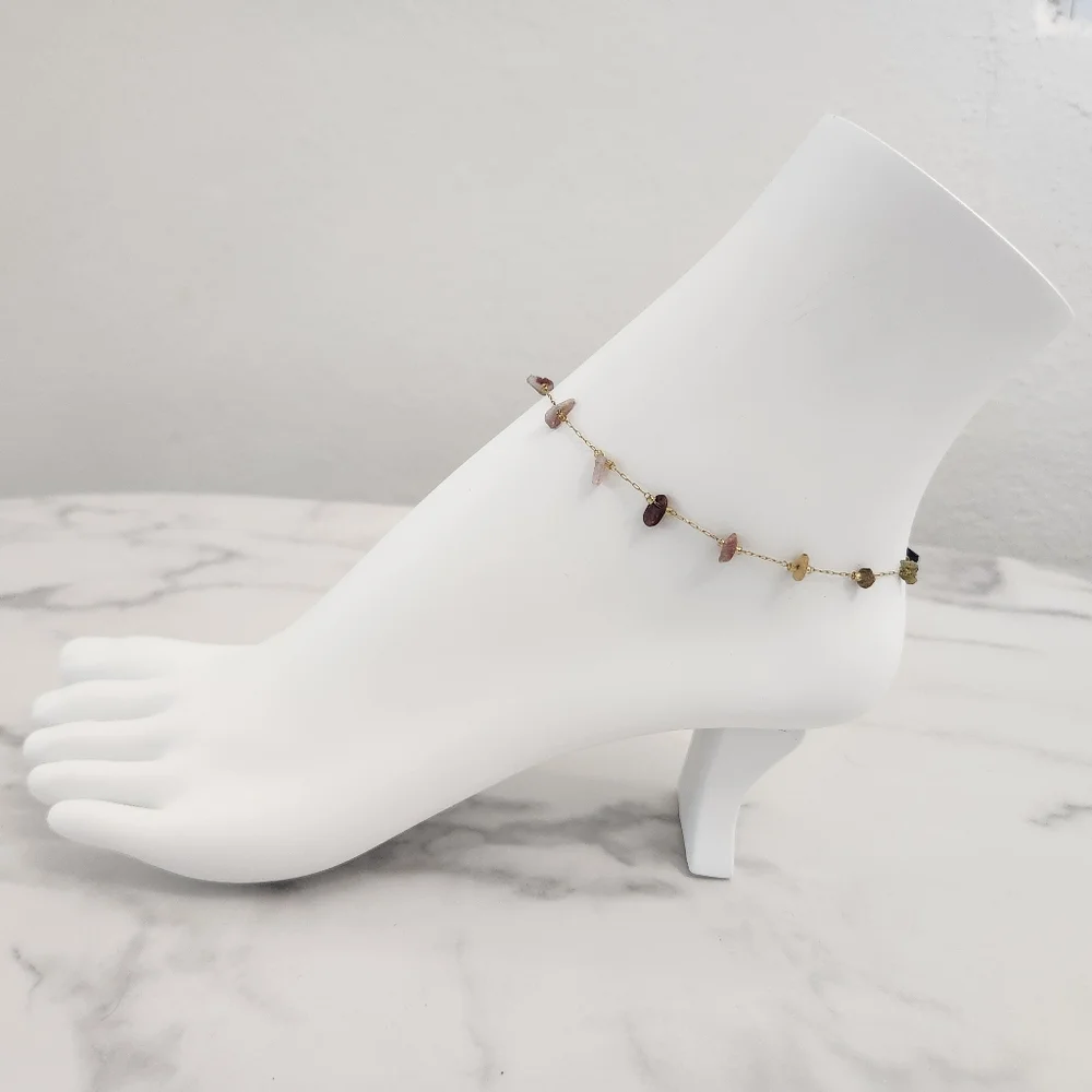 Minimalist Multicolor Dainty Stones 18K Gold Plated Anklet - Picture 3 of 15
